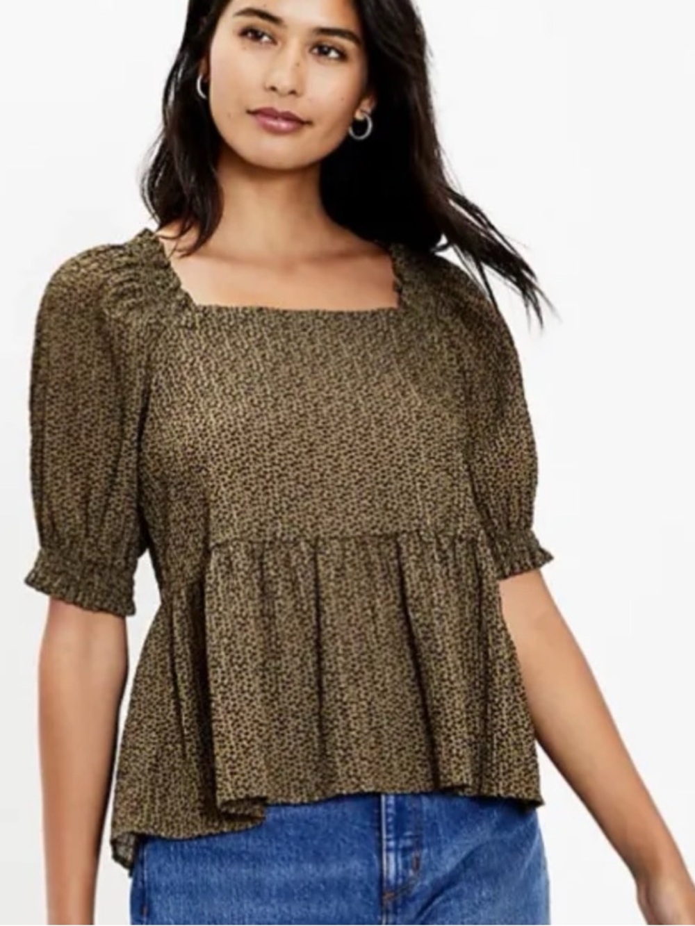 LOFT Olive Smocked Square-Neck Peplum Blouse